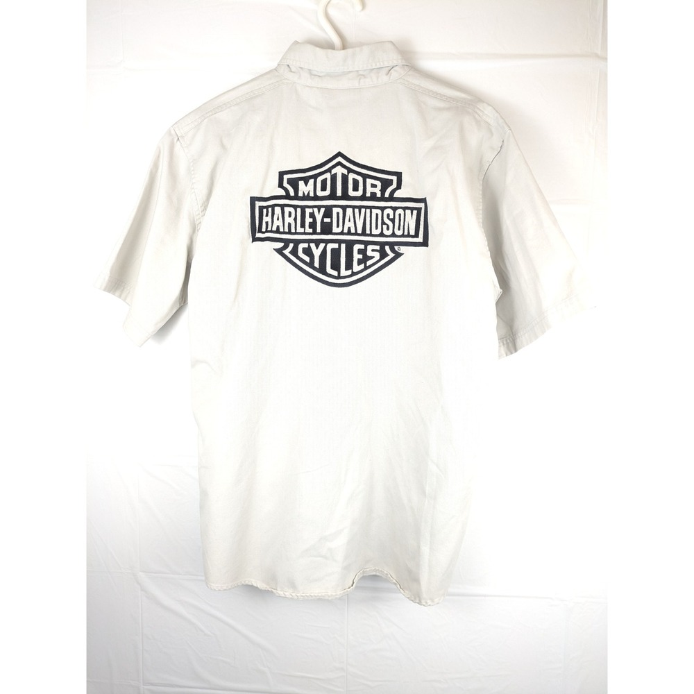 Harley‎ Davidson Mens M Short Sleeve Button Up Shirt Tan Logo Patch Work Pockets